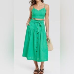 Linen blend Kelly Green Midi Skirt set has matching crop top by universal thread